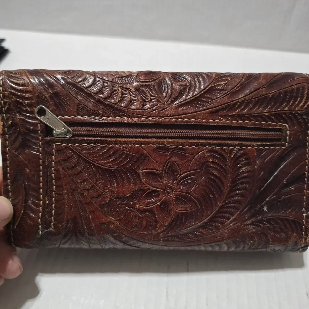 American West Tooled Leather Wallet Bi-Fold Brown Floral Studded Western Cowgirl